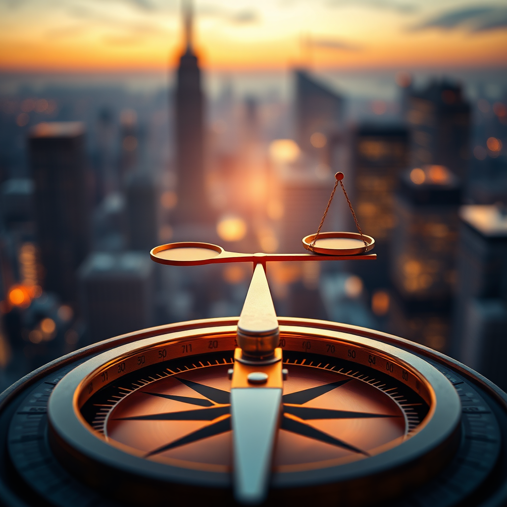 A photorealistic image showcasing a compass pointing towards a balanced scale representing financial equilibrium. The background should be a blurred cityscape at twilight. Use a warm color palette with golden hues to symbolize prosperity and guidance.