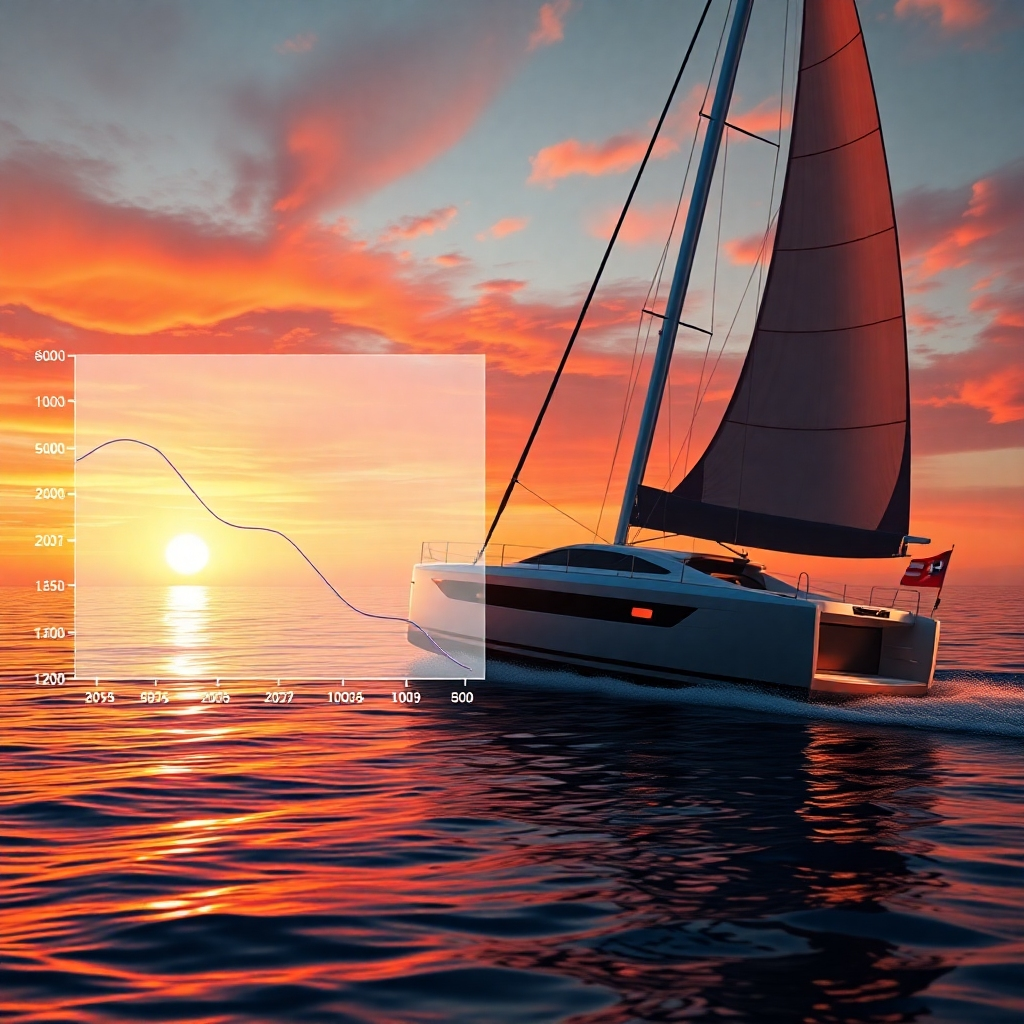 A photorealistic image showcasing a graph showing a downward trend of interest rates alongside a beautifully rendered image of a luxurious trailer sailer sailing smoothly on calm waters during a sunset. The graph should be clean and easy to read, highlighting the competitive interest rates. The sailboat should be sharply focused, conveying a sense of speed and freedom. In the background, a breathtaking sunset paints the sky with vibrant colors.