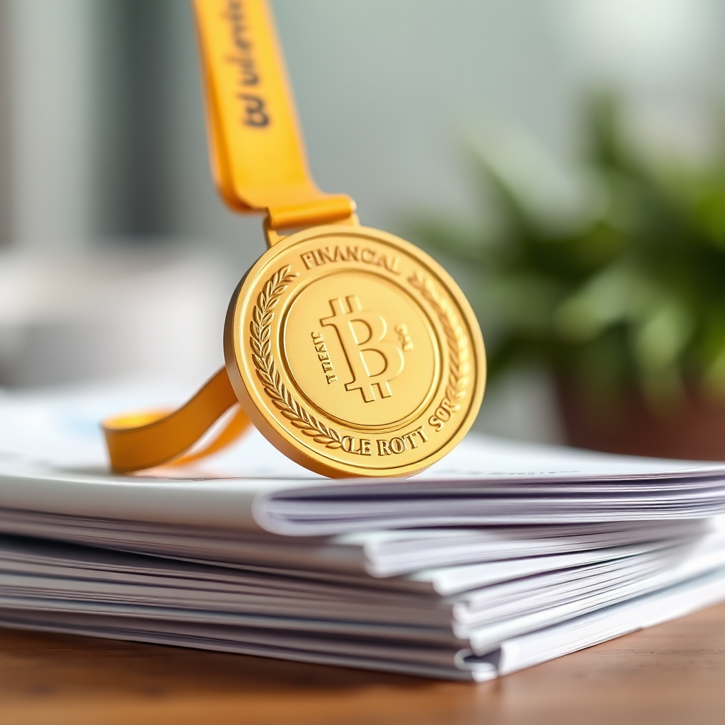 A photorealistic image showcasing a gold medal resting on top of a stack of financial reports, symbolizing achievement and quality. The background should be blurred, drawing focus to the medal.