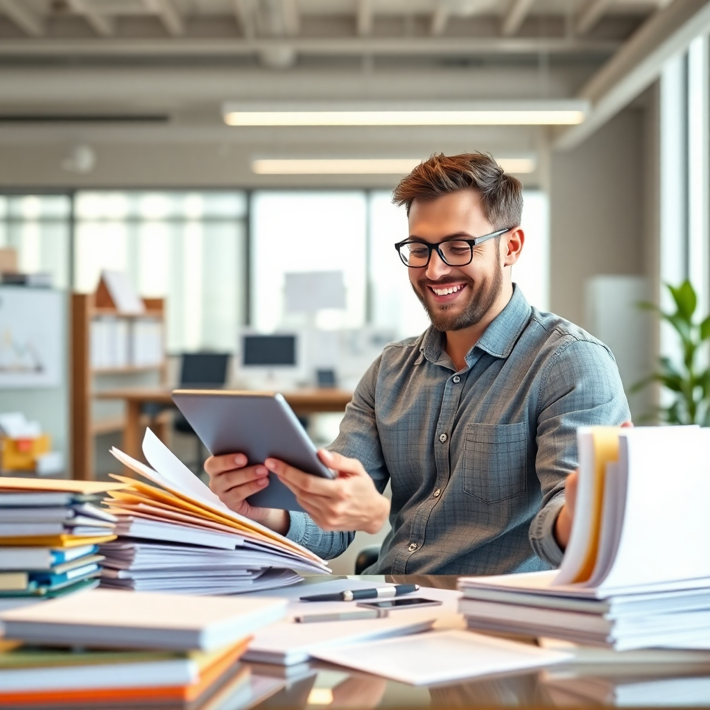 A photorealistic image showing a happy business owner working on a tablet, surrounded by organized files and documents. The background should feature a modern, well-organized office space, showcasing efficiency.