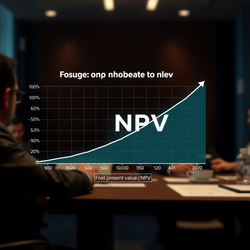 A photorealistic image showing a graph illustrating projected future income streams, with a clear calculation of the net present value (NPV) displayed prominently. The background should subtly feature a business meeting or a financial report, symbolizing future income potential and financial analysis.
