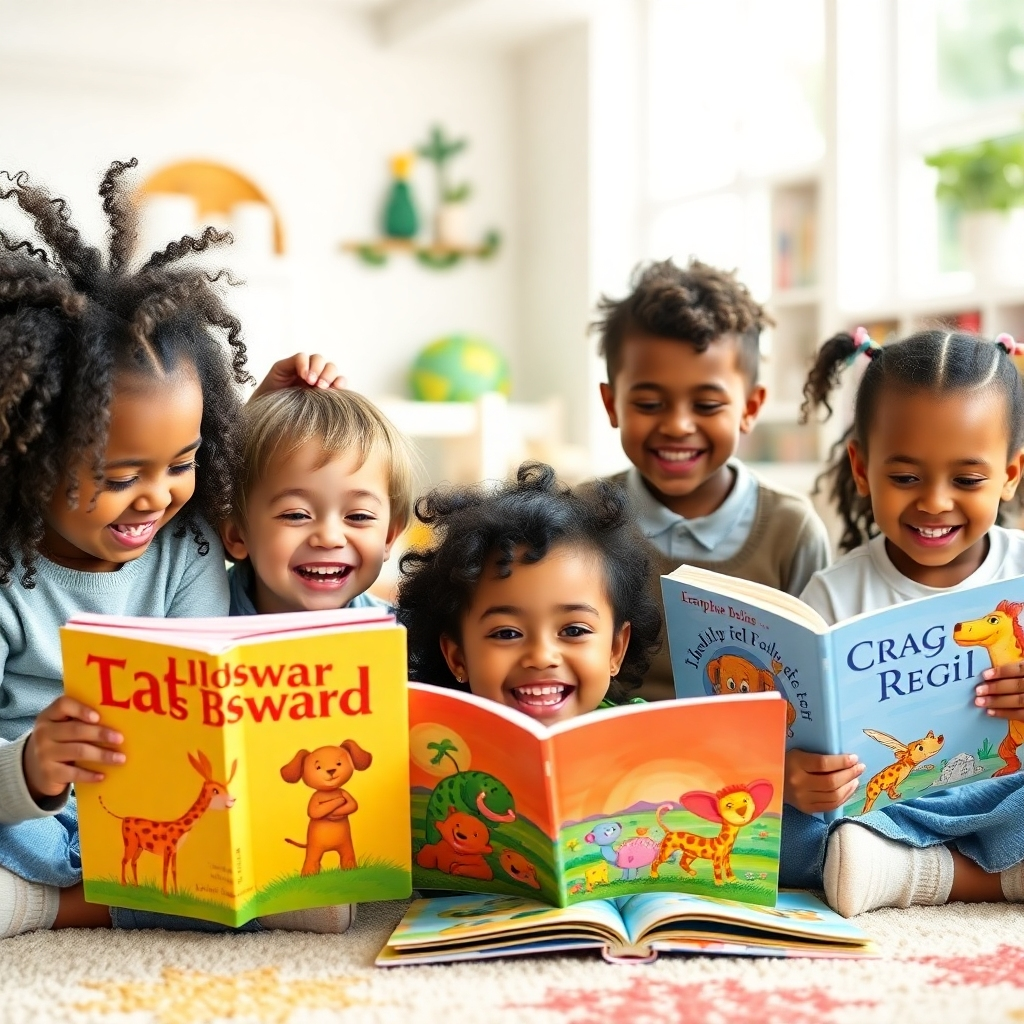 A photorealistic image showing diverse children happily engaged with different Craig Bosward books, each with unique and vibrant illustrations.  The setting is a bright, airy playroom with plenty of natural light.  The focus is on the children's expressions of joy and wonder as they interact with the books.