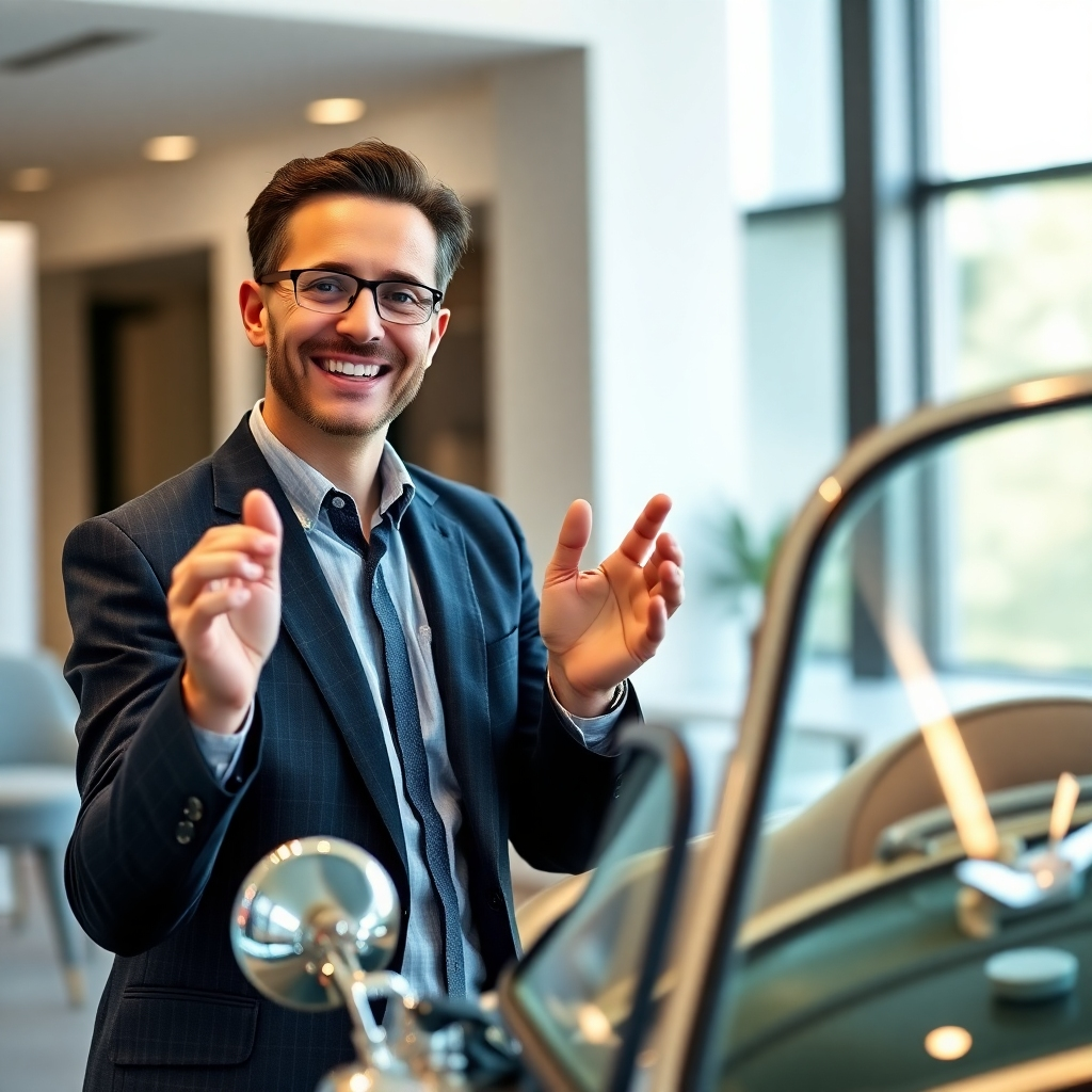 A photorealistic image showing a friendly, knowledgeable financial advisor smiling and gesturing reassuringly towards a classic car. The advisor should be in a professional yet approachable setting, like a modern office, and there should be a sense of calm and helpfulness. High-quality, professional lighting is essential.