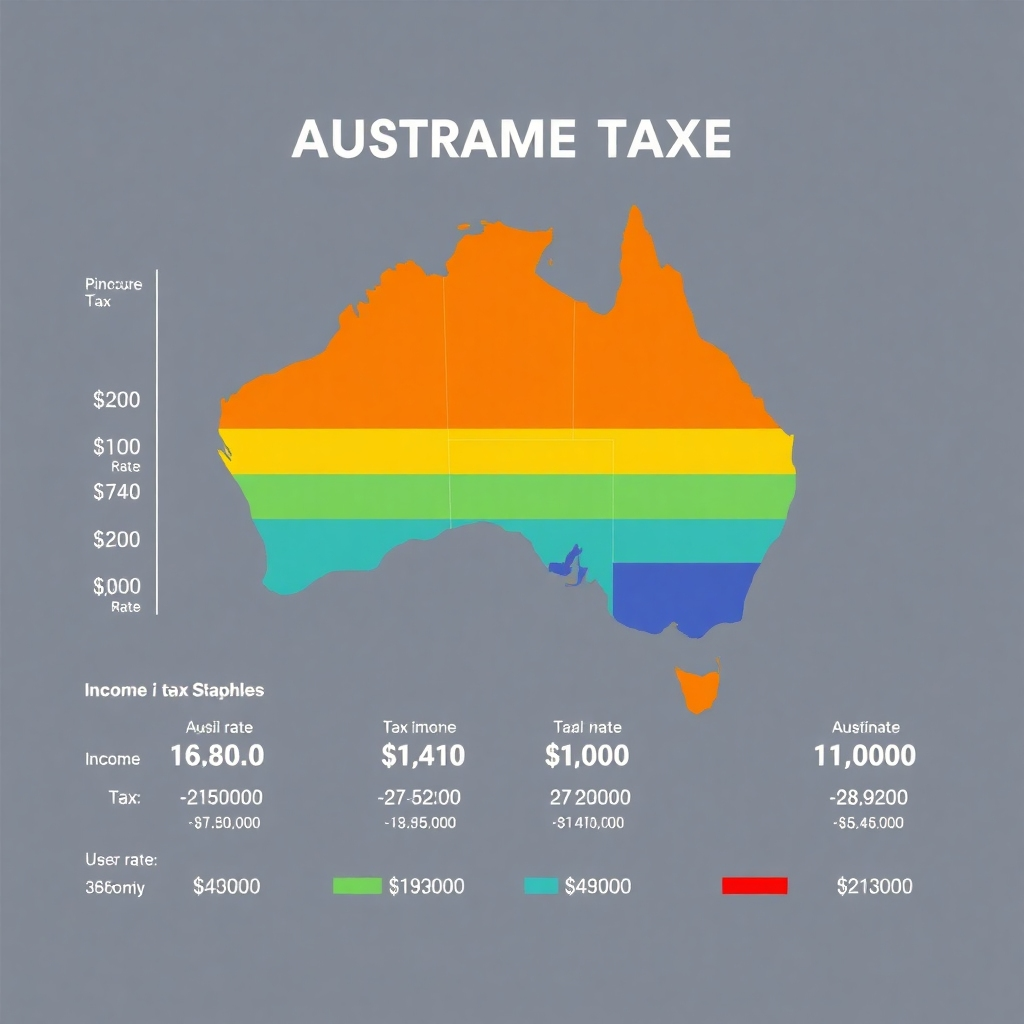 A photorealistic infographic showing the Australian income tax brackets and corresponding rates, designed with a clean and modern aesthetic. Use a color-coded system to represent different income levels and tax rates. The background should be a subtle, neutral tone to maintain readability.