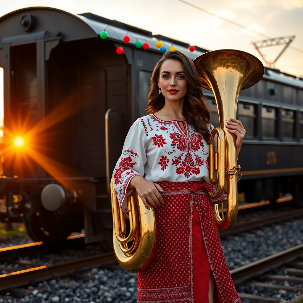 Woman with brass instrument near train tracks at sunset