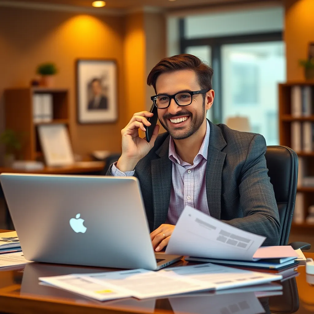 A professional, friendly broker sitting at a desk with a laptop, talking on the phone and smiling. They are surrounded by documents related to loans and travel. The background is a warm, inviting office setting.