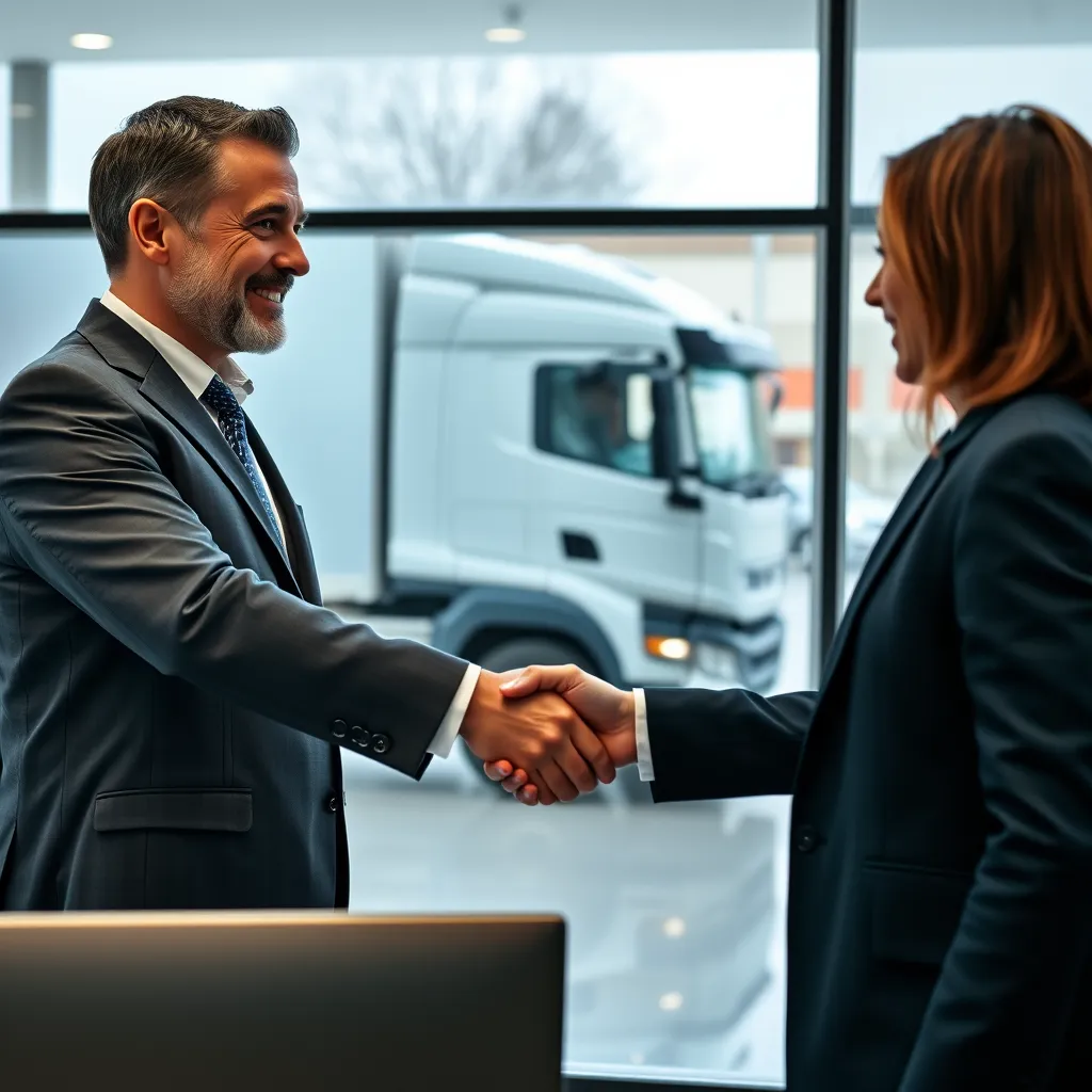 A professional businessman shaking hands with a friendly loan officer in a modern office setting, with a sleek, new delivery truck parked outside the window. The scene should convey trust, expertise, and a successful partnership.