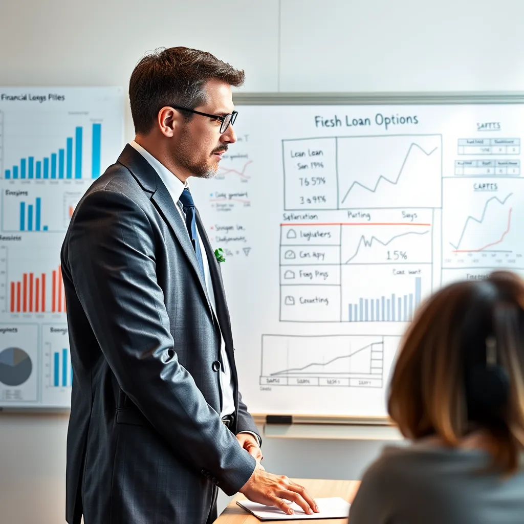 A professional financial advisor standing in front of a whiteboard with graphs and charts, explaining a loan option to a client. The image should convey a sense of knowledge and expertise.