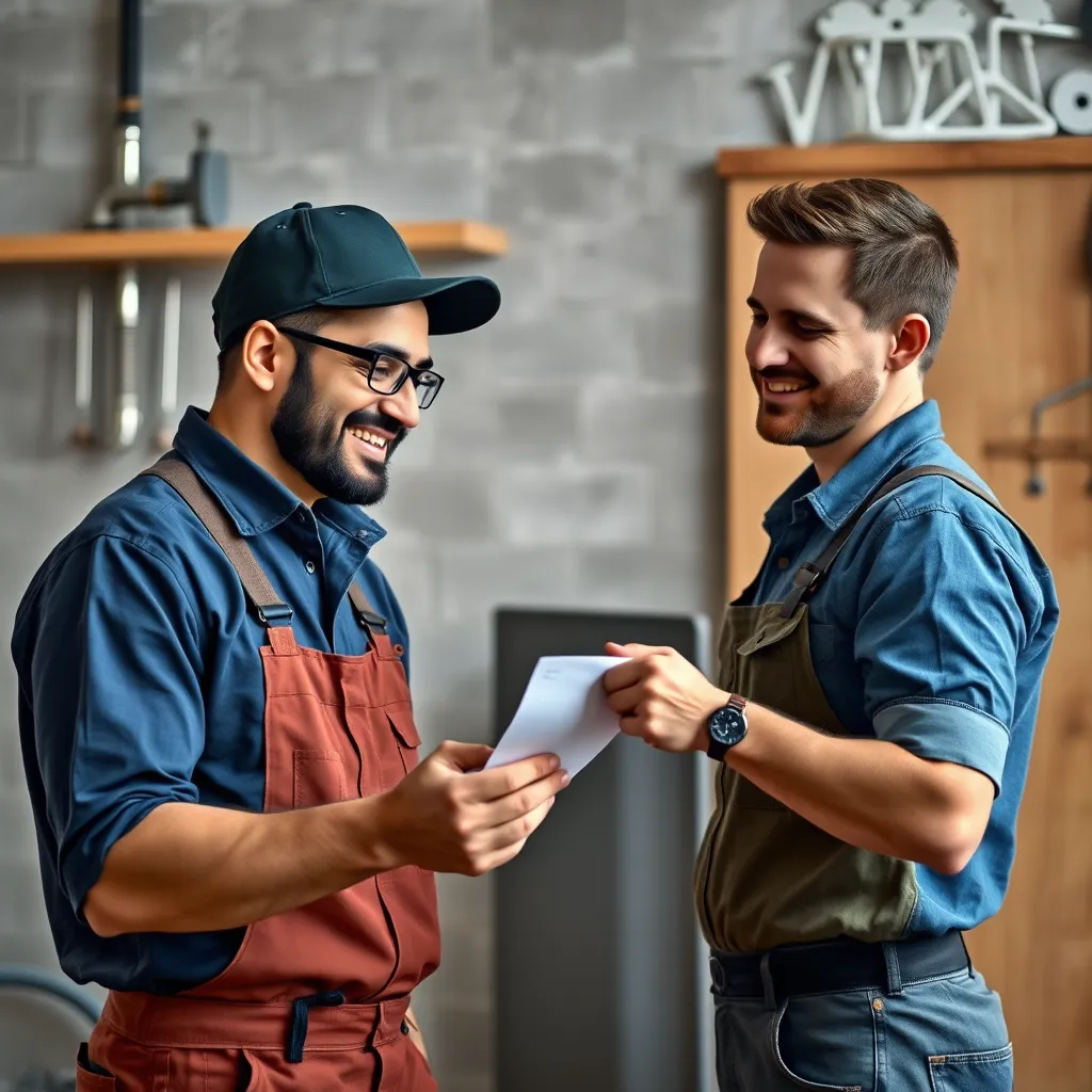 A professional-looking tradesperson, perhaps a plumber, interacting with a satisfied client, handing them a bill. The image should depict a positive exchange, with the tradesperson smiling and the client expressing gratitude, highlighting the value and trust built through reliable service.