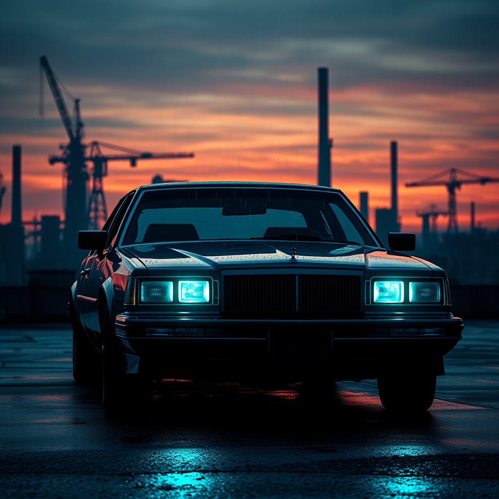 Retro-futuristic sedan with teal lights