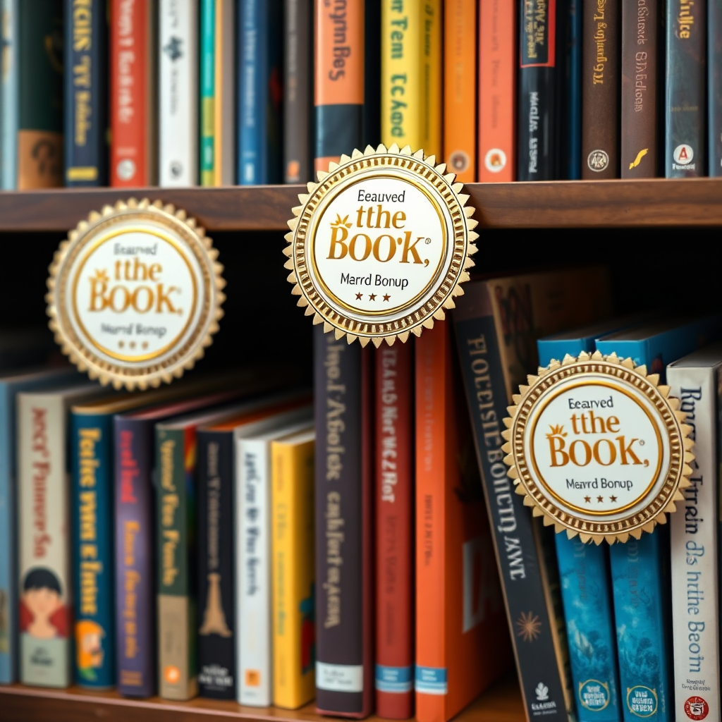 A shelf lined with children's books, each bearing a prominent award sticker. The books are displayed with pride and elegance. Focus on the prestige and value of the awards. Technical specs: 4K resolution, elegant and sophisticated.