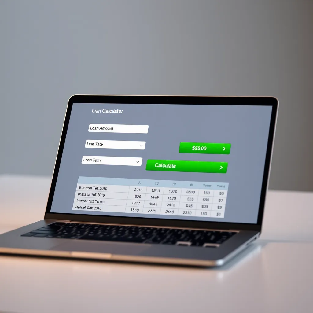 A sleek, modern laptop screen displaying a financial calculator. The calculator has fields for loan amount, interest rate, and loan term. A green button labeled 'Calculate' is highlighted, and a table with estimated repayments is visible below.