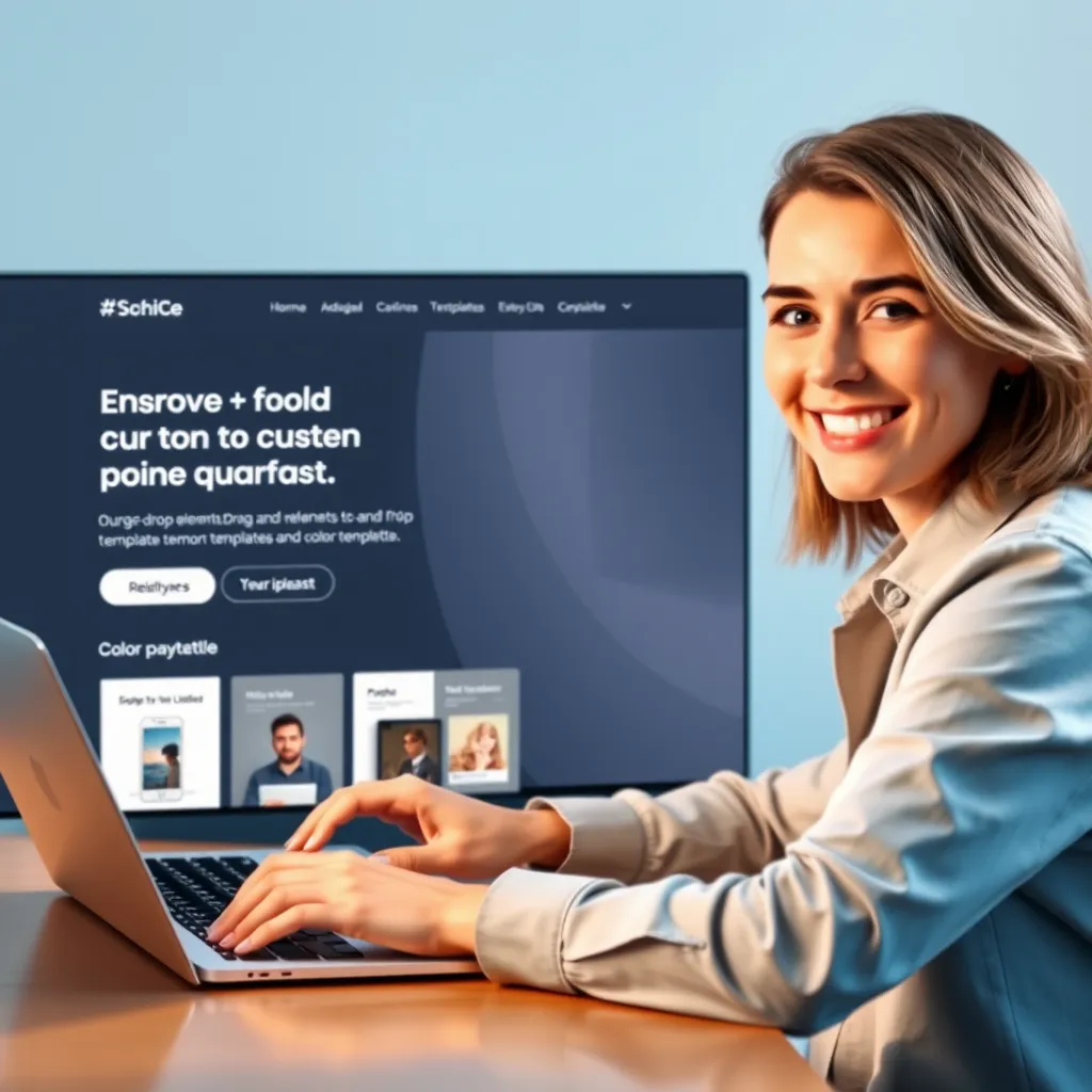 A sleek, modern website with a user-friendly interface featuring drag-and-drop elements, customizable templates, and a color palette. The background should be a soft gradient of blue and white, highlighting the ease of use. A person with a confident smile is using a laptop, effortlessly creating the website.