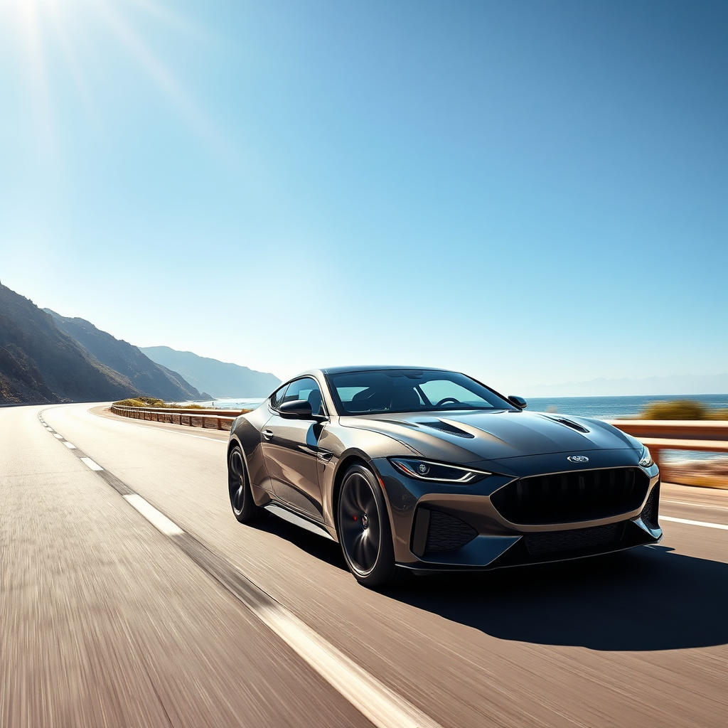 A sleek, modern car driving on a scenic coastal road. The lighting should be bright and dynamic, highlighting the car's features. Color palette should be vibrant and energetic, reflecting the excitement of owning a new car. The camera angle is a low-angle shot, emphasizing the car's power and style. The environment should be a sunny coastal landscape.
