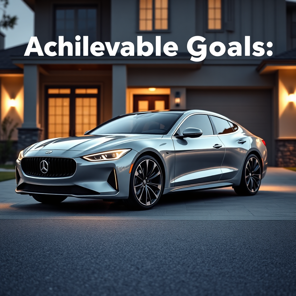 A sleek, modern car parked in front of a house, symbolizing achievable goals. The lighting is bright and aspirational. Style: Achievable and modern.