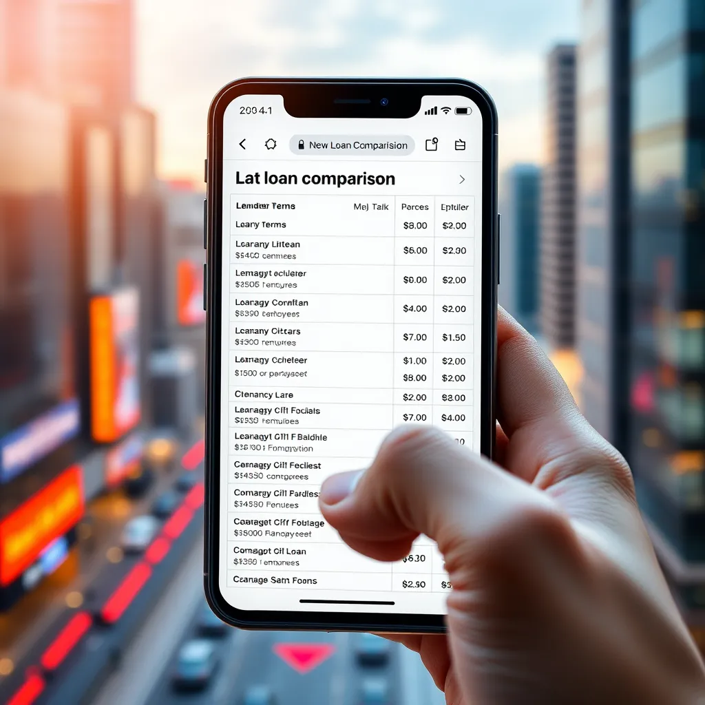 A smartphone displaying a loan comparison website.  The website shows a list of various lenders with their loan terms, interest rates, and fees. The user is scrolling through the list, comparing different options. The background should be a vibrant cityscape with bright colors and a modern feel. The image should convey a sense of control and informed decision-making.