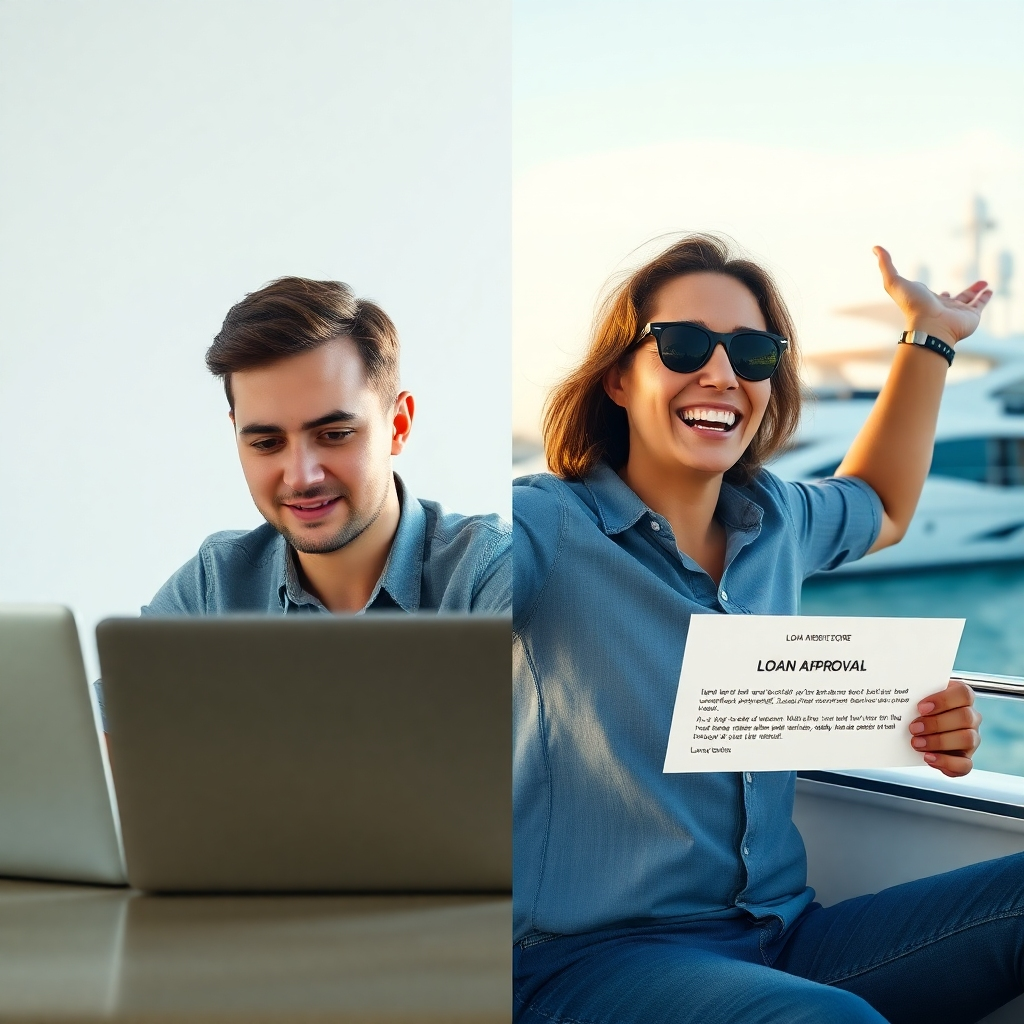 A split image showing two scenarios: Left side depicts a person with a low credit score receiving a loan rejection email on their laptop, a sad expression on their face. The right side shows a person with a high credit score receiving a loan approval email, smiling and celebrating with a yacht in the background. Both images should have a crisp, professional style.