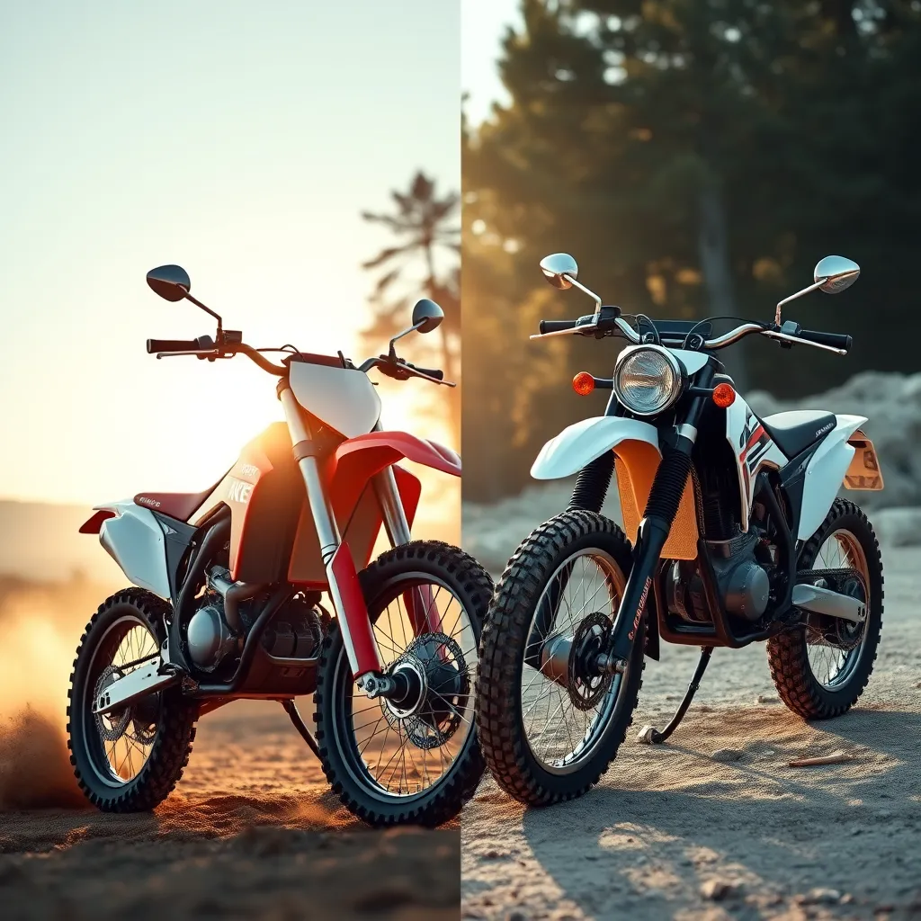 A split-screen image showcasing a brand new, gleaming dirt bike with the latest technology and design on one side, and a well-maintained, classic dirt bike on the other side. Both bikes should be in a scenic, dusty off-road setting with sunlight filtering through the trees.