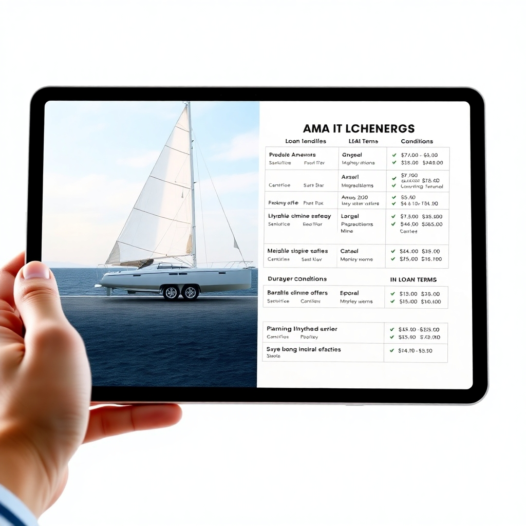 A split-screen image showing a person comparing loan offers from different financial institutions on their tablet, with one side showing a sleek, modern trailer sailer and the other showcasing various loan terms and conditions. Emphasize the professional and clean look.