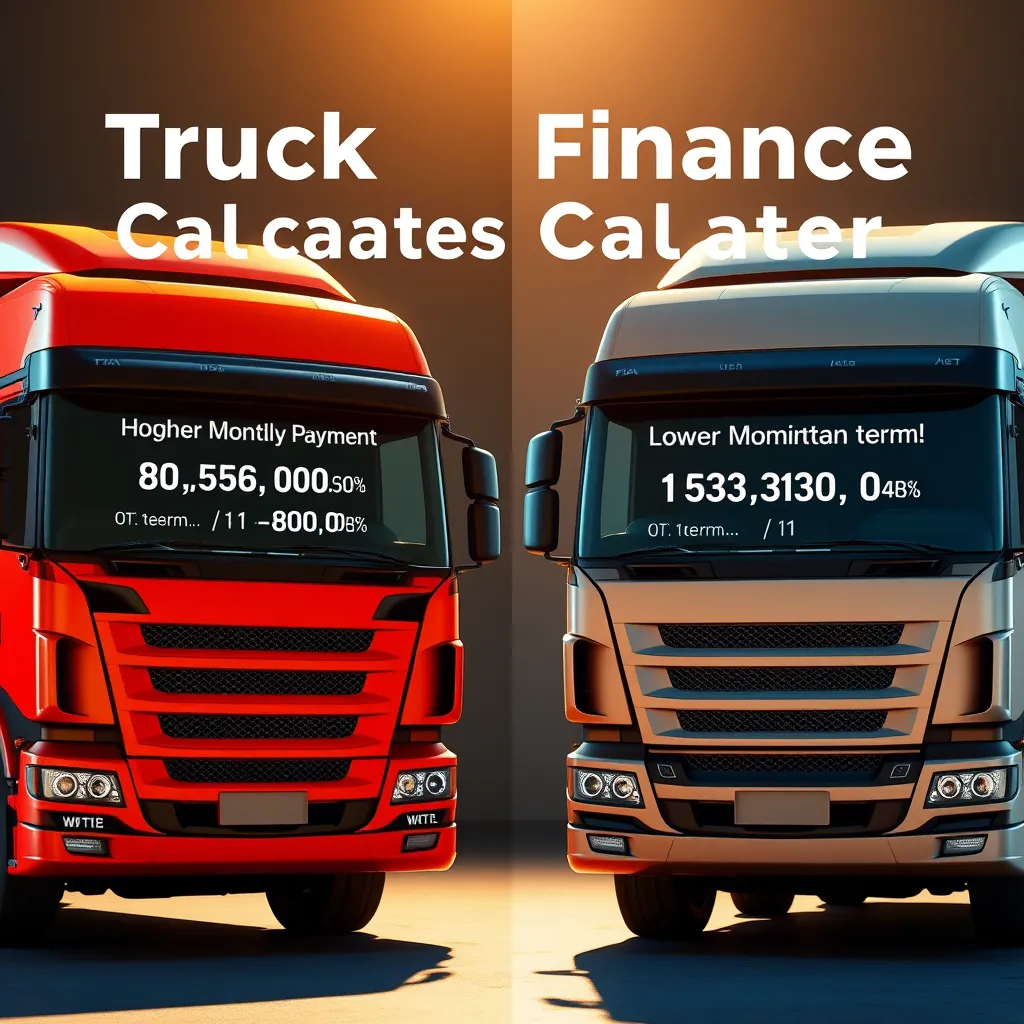 A split-screen image showing two different truck finance calculator outputs side-by-side. One output displays a higher monthly payment with a shorter loan term, while the other shows a lower monthly payment with a longer loan term. The image should highlight the contrast in loan options and the importance of careful consideration.