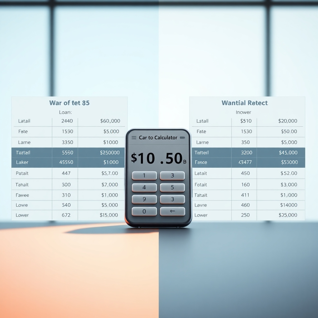 A split-screen image showing two different car loan offers side-by-side. On one side, a table displaying details of a loan offer with a higher interest rate. On the other side, a similar table of a loan offer with a lower rate.  A car loan calculator in the middle displays the comparison results clearly, highlighting cost differences.