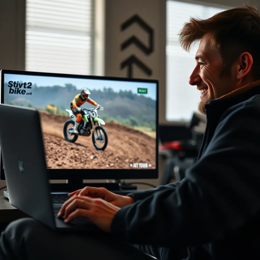 A split screen showing a dirt bike enthusiast watching a video testimonial on their laptop. On the other side of the screen, the video shows a professional dirt bike rider confidently navigating a challenging track. The enthusiast is smiling and nodding along, clearly engaged and inspired by the testimonial.