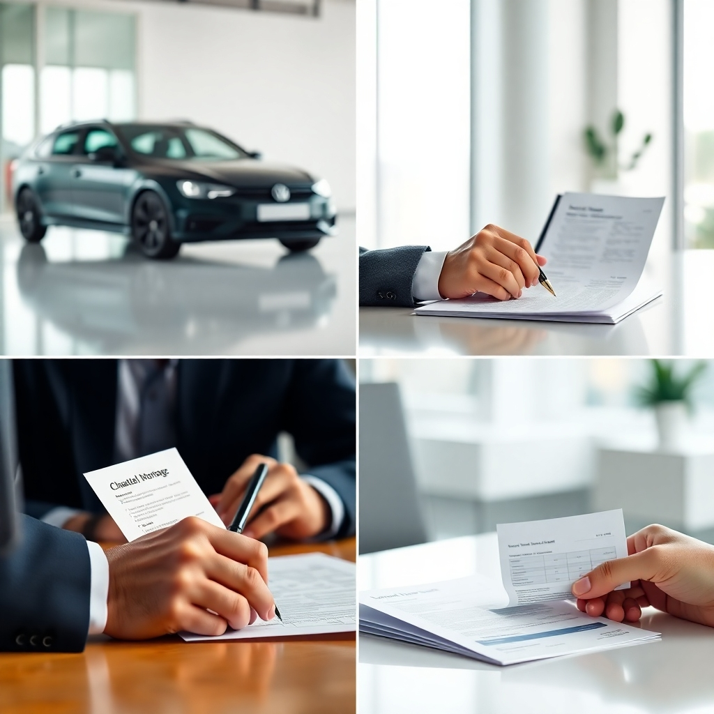 A split screen showing different types of car loan agreements: a secured loan with a car as collateral; an unsecured loan with a person signing documents; a chattel mortgage with a close-up of a car title; and a personal loan with a bank statement.  The background should be a modern, minimalist office setting with soft, natural light.  Photorealistic style, high detail, vibrant colors.