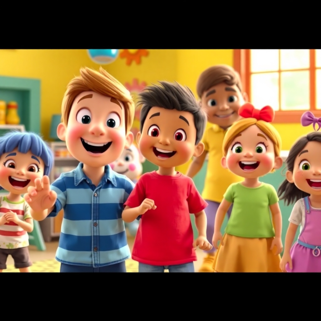  A still image from a Craig Bosward children's video, showing engaging characters and a bright, colorful setting. The image should be high-quality and visually appealing to children, with a focus on the dynamic and positive energy of the video content.