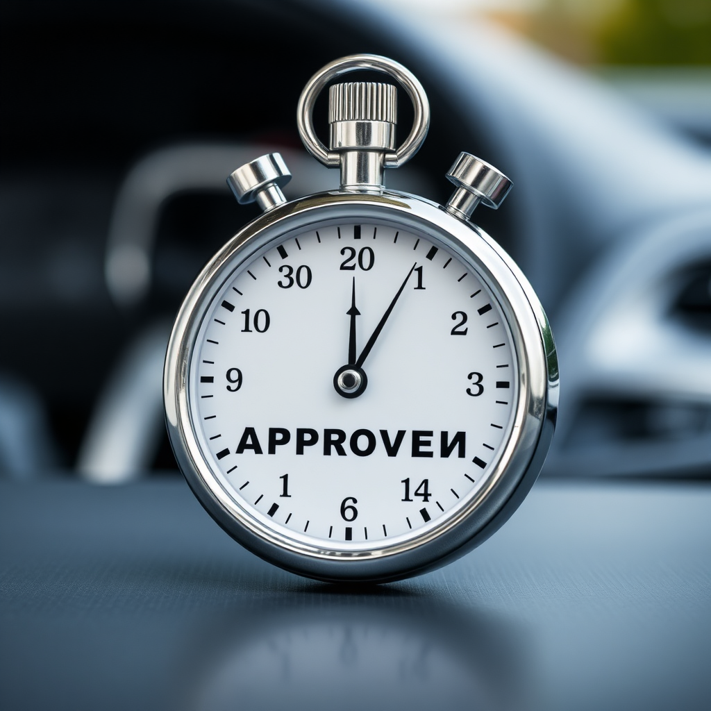 A stopwatch with a car in the background, indicating the speed of the approval process. Style: Time-sensitive and efficient.