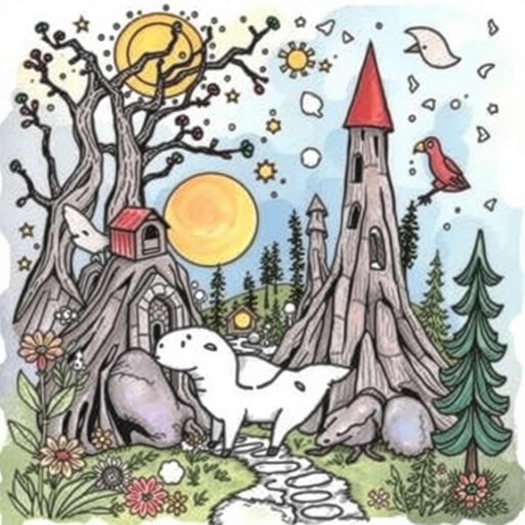 A stylized, almost painterly image blending elements from several of Craig Bosward's coloring pages and book illustrations.  The overall effect should be one of dreamlike wonder and imagination, capturing the feeling of creative exploration and discovery.