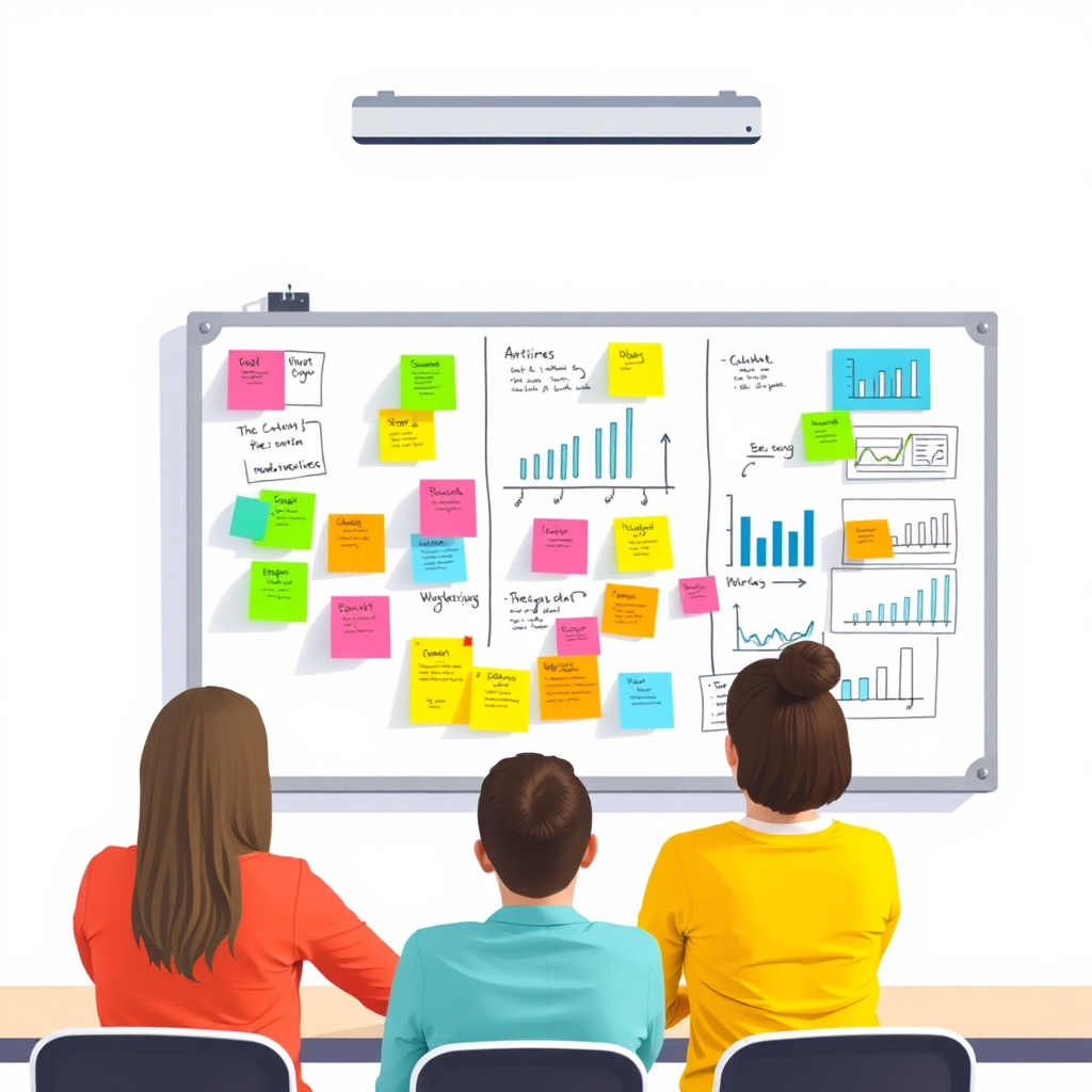 A stylized image depicting a brainstorming session, with sticky notes, charts, and graphs displayed on a whiteboard. The color palette should be vibrant and energetic, symbolizing innovation and collaboration.