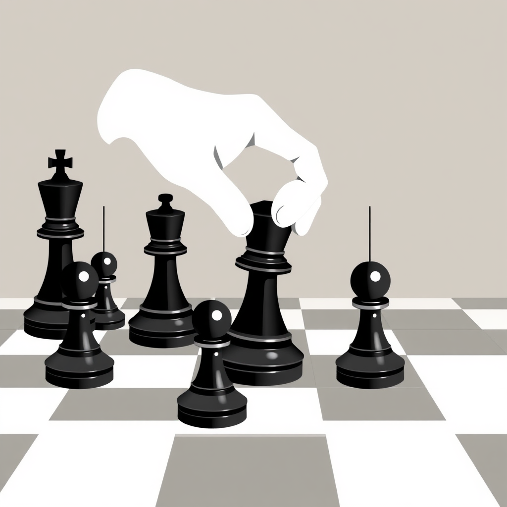 A stylized image depicting a chess game in progress, with pieces representing different business strategies and a hand moving a key piece towards checkmate. The style should be modern and minimalistic, with a focus on clean lines and geometric shapes. Colors should be muted and sophisticated.
