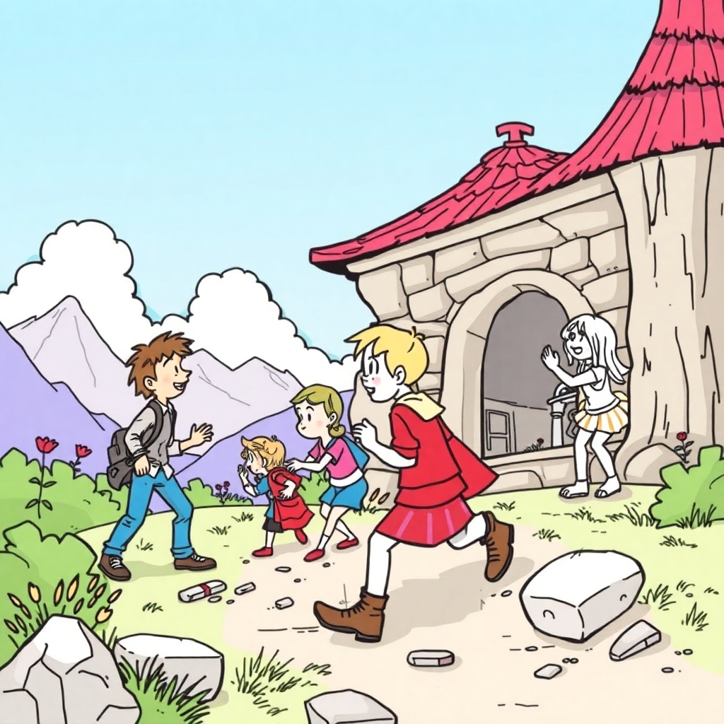 A stylized image merging elements of a Craig Bosward coloring page and a book illustration, showing an active scene from a story with characters interacting with each other. The coloring page elements should blend seamlessly with the illustration, creating an active and vibrant image.