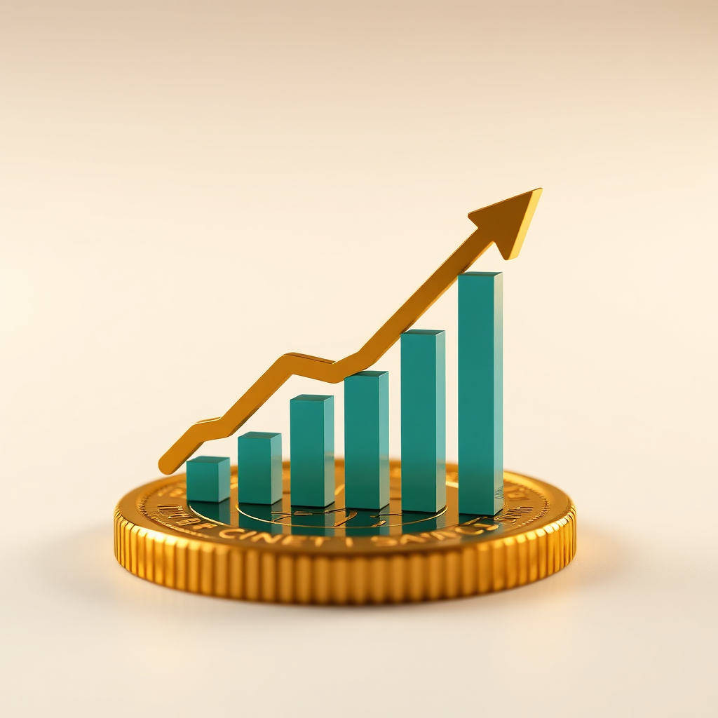 A stylized image representing competitive interest rates. The subject matter is a graph trending downwards, symbolizing reduced rates. The graph is overlaid on a golden coin, representing financial savings. The composition is clean and simple, emphasizing the message of affordability. The lighting is soft and warm, creating a sense of security and value. Color palette should consist of golds, greens, and blues, representing financial stability and trust. The camera angle is a close-up shot, focusing on the details of the graph and coin. Texture details should be smooth and polished, reflecting professionalism and quality. The environment is a neutral background, allowing the visual elements to stand out. Style reference: modern infographic design with a touch of financial symbolism. Technical specs: 4K resolution, high-quality rendering with smooth gradients and crisp details.
