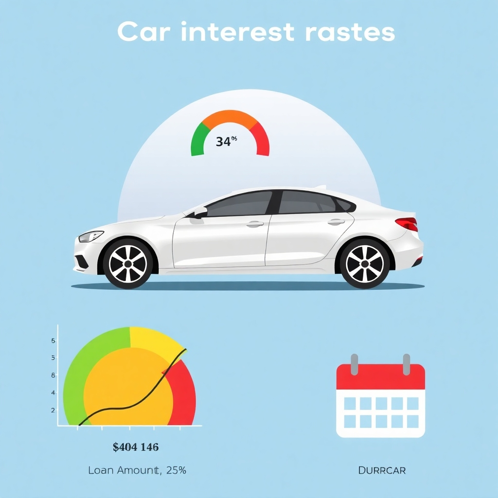 A stylized infographic showing a car and several icons representing factors that influence car loan interest rates: a credit score chart, a graph showing loan amount vs interest rate, and a calendar showing loan duration. The visual style should be clean, modern, and easily understandable. Photorealistic style, high detail, vibrant colors.
