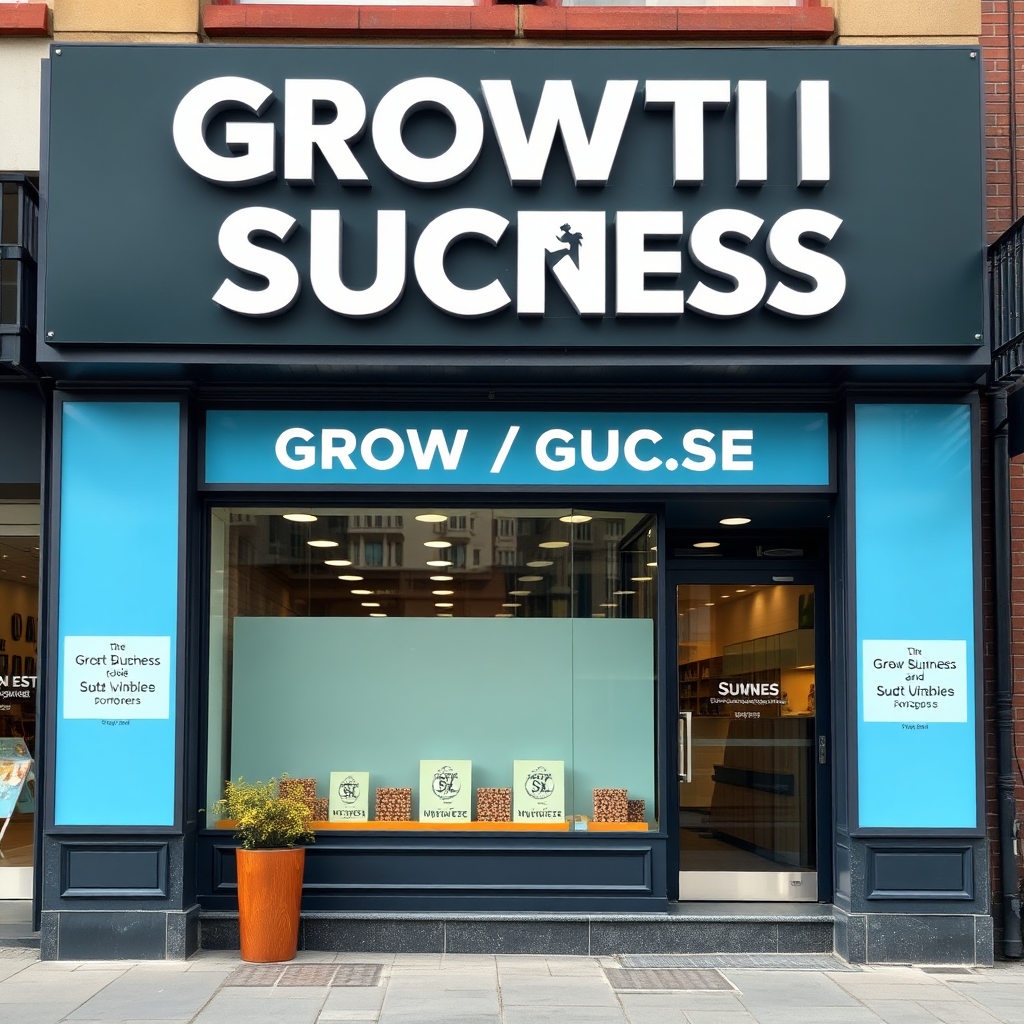 A thriving business storefront, showcasing growth and success. Style: Business-oriented and prosperous.