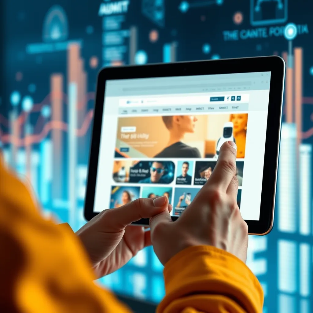 A user browsing a website on a tablet, interacting with a visually appealing and engaging design that seamlessly adapts to their preferences and device. In the background, data visualizations and algorithms illustrate the AI's personalization process, powered by user data.