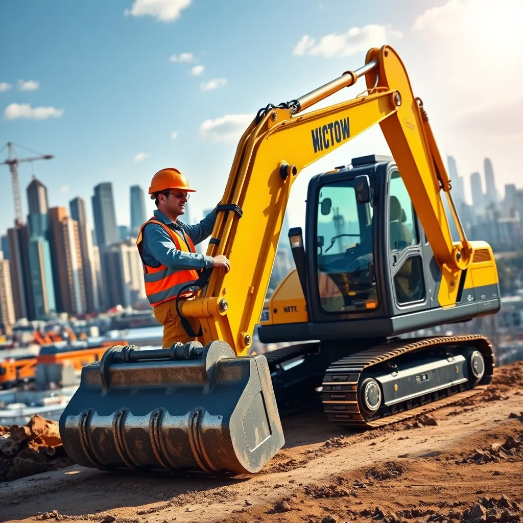 A vibrant image of a construction worker using a brand new excavator on a construction site. The excavator is modern and powerful, representing the growth and expansion potential of acquiring new equipment. The background should feature a bustling cityscape, symbolizing the dynamic business environment.