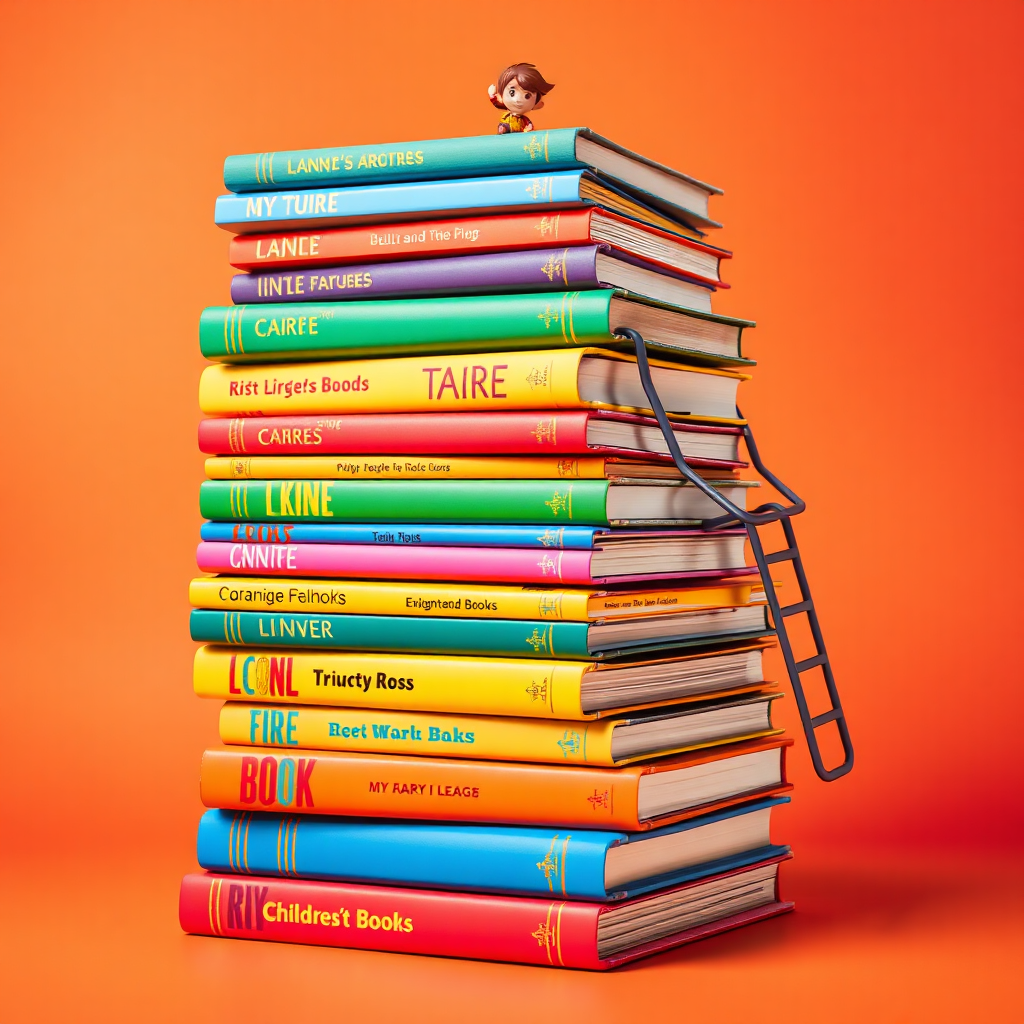 A vibrant, stylized image of a stack of newly printed children's books with colorful covers. The books are arranged in a whimsical, eye-catching way, perhaps with a miniature adventurer figure climbing the stack. The background is a bright, cheerful color gradient. The overall style is playful and inviting. Technical specs: 4K resolution.
