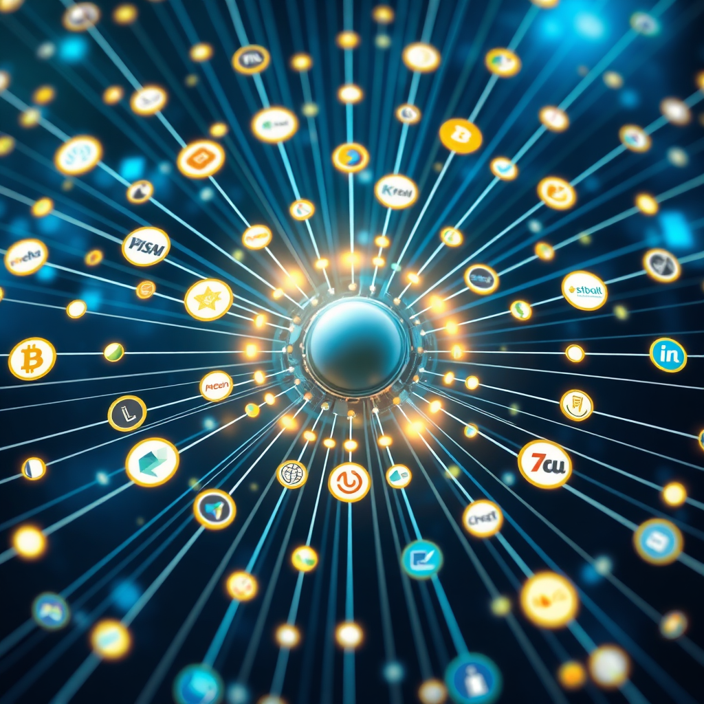A visual representation of access to multiple lenders. The subject matter is a central hub with lines radiating outwards to various financial institutions represented by their logos. The composition should be dynamic and interconnected, emphasizing the breadth of the network. The lighting is bright and energetic, highlighting the connections. Color palette should consist of blues, greens, and golds, representing financial stability and growth. The camera angle is a wide shot, capturing the entire network. Texture details should be smooth and polished, reflecting professionalism and quality. The environment is a clean, modern digital space. Style reference: modern network visualization with financial elements. Technical specs: 4K resolution, high-quality rendering with smooth gradients and crisp details.