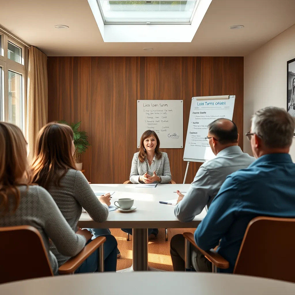 A warm and inviting meeting room. Lisa is sitting across from a group of business owners.  She is explaining loan terms and answering questions. The scene should be filled with natural light and convey a sense of trust and collaboration. A whiteboard with key loan details should be visible in the background.
