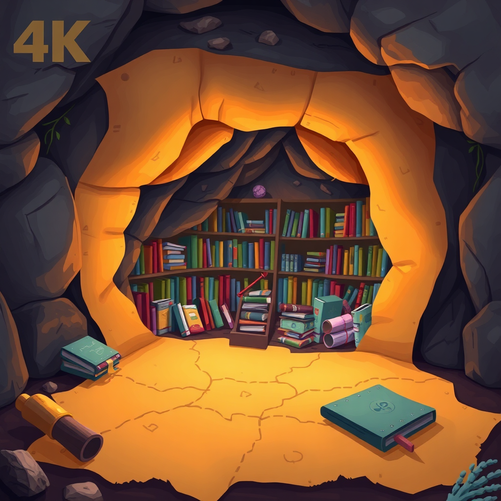 A whimsical illustration of a treasure map leading to a hidden cave filled with children's books. The cave is illuminated by soft, inviting light. Emphasize the sense of discovery and adventure. Technical specs: 4K resolution, vibrant colors.