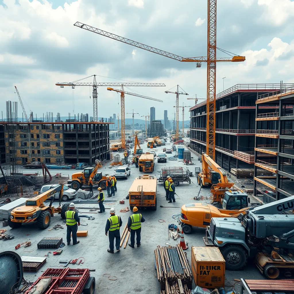 A wide-angle shot of a construction site bustling with activity, showcasing a variety of tradespeople and equipment working collaboratively. The image should convey a sense of progress, ambition, and the promise of a successful business venture.