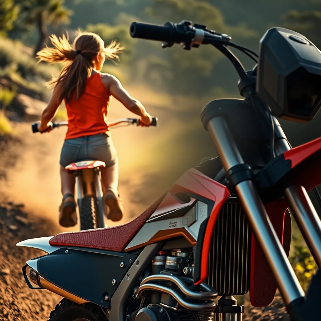A young woman confidently navigates a challenging dirt bike trail. The camera follows her from behind, capturing her exhilaration as she jumps over obstacles and tackles technical terrain. The video is intercut with close-ups of the dirt bike's advanced suspension system, powerful engine, and rugged design.