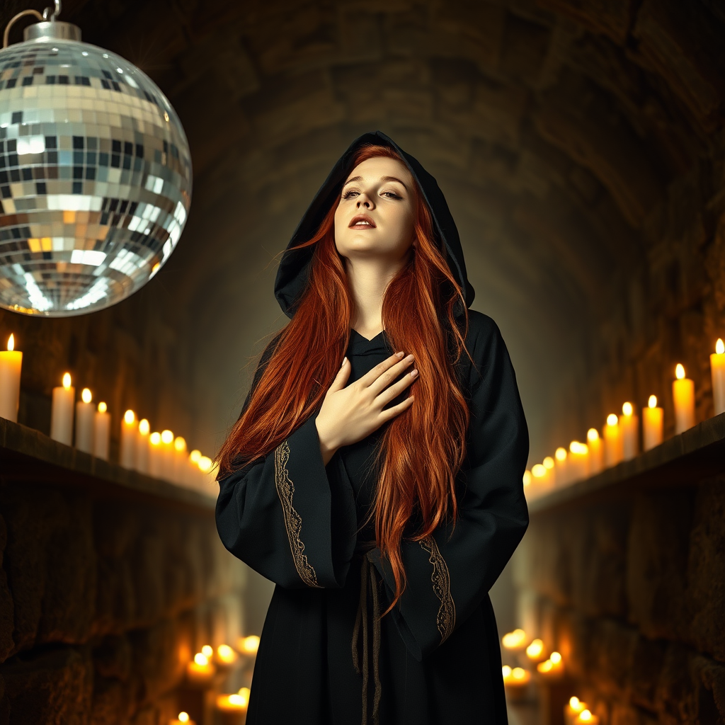 Singer in mystical robes performing in a candlelit stone tunnel under a disco ball