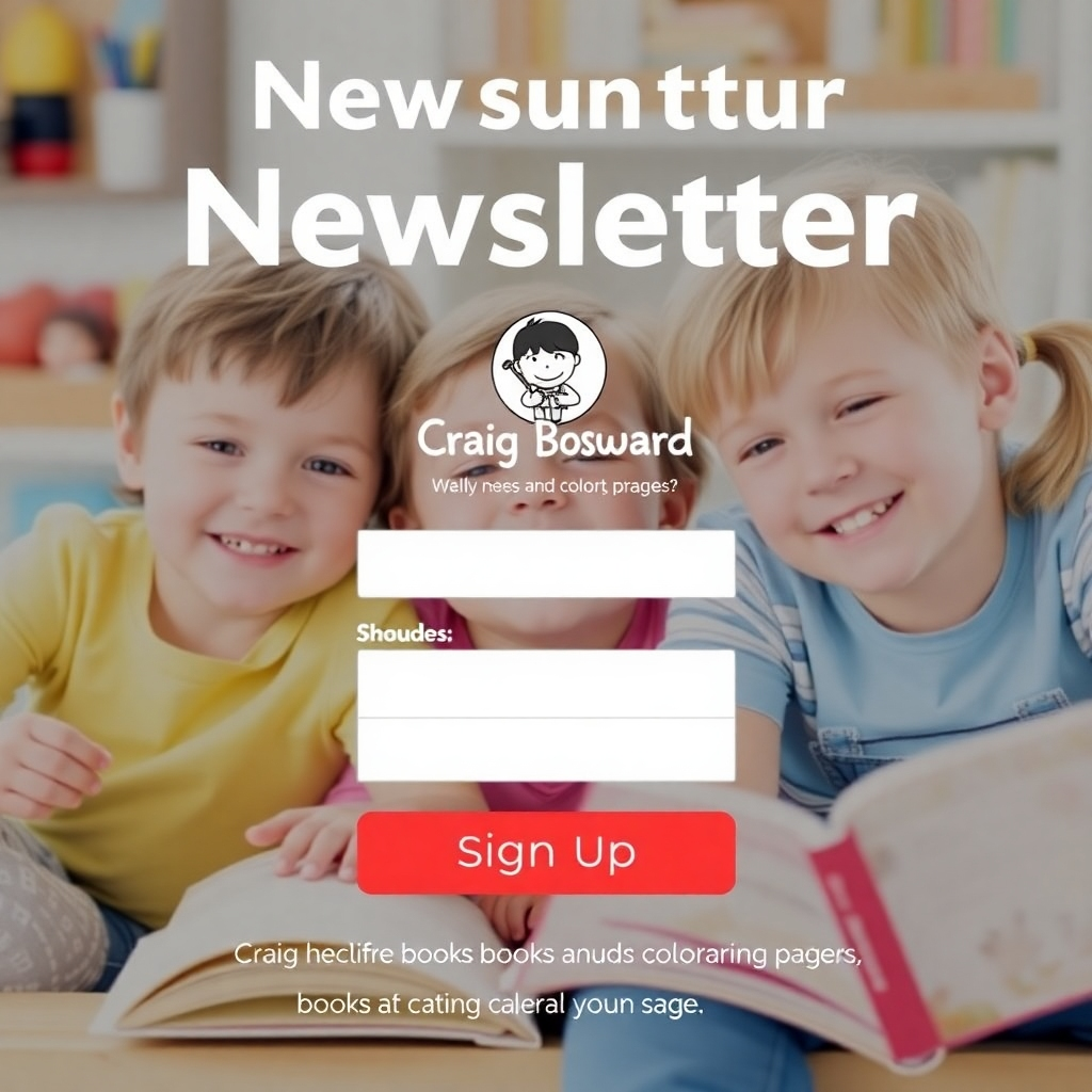 An attractive graphic featuring a newsletter signup form with Craig Bosward's logo prominently displayed.  The overall style should be clean, friendly, and inviting, encouraging visitors to sign up.  Include a subtle background of happy children enjoying Craig Bosward books and coloring pages.