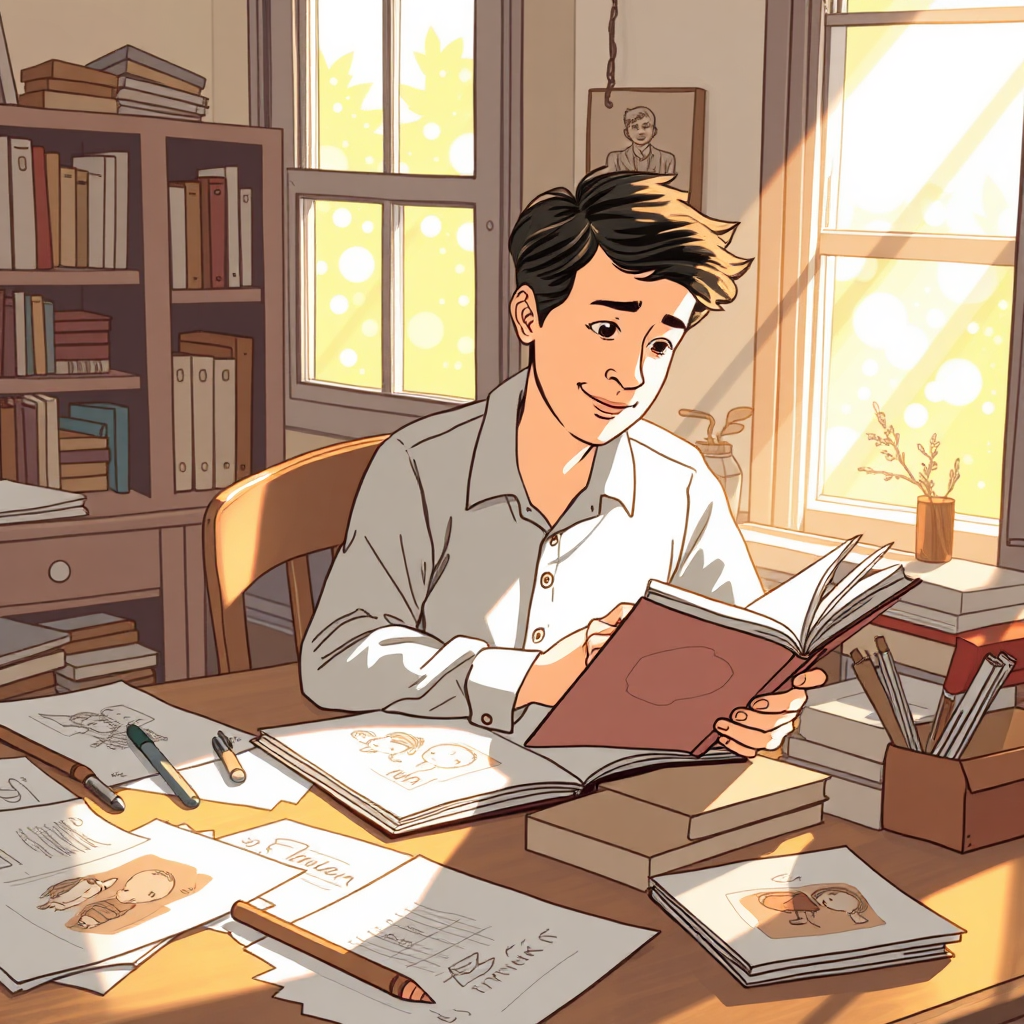 An author (presumably [Your Name]) sitting at a desk, working on a children's book. Light streams in from a window, illuminating the creative process. Include elements like sketches, notes, and illustrations. Style: Warm and inspiring. Technical Specs: 4K resolution