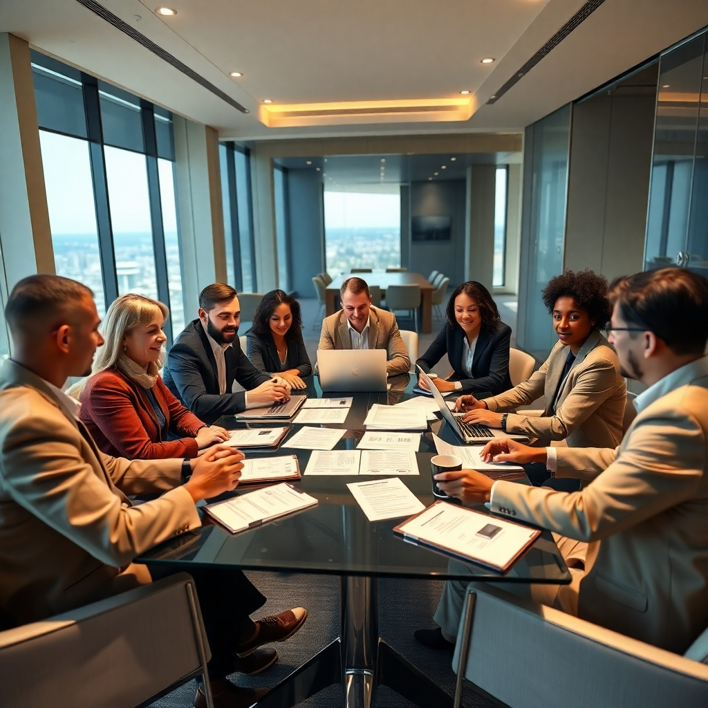 An ultra-high-definition image (8K), hyperrealistic, with warm, inviting lighting. The scene depicts a diverse group of people sitting around a table in a modern, spacious office.  They are actively engaged in a meeting with a finance professional, discussing documents showcasing various car loan options. The mood is collaborative and optimistic.  The color palette is sophisticated and calming, with earthy tones and accents of bright blues.  The camera angle is a slightly elevated wide shot, capturing the entire group and the table.  Textures should include smooth glass tabletops, fine leather-bound documents and the subtle textures of fabric on the clothing of the participants.  The background features sleek, modern office furniture and a cityscape view visible through large windows. Props include several financial documents, laptops, and coffee cups.  In the style of contemporary commercial photography, emphasising trust and teamwork.