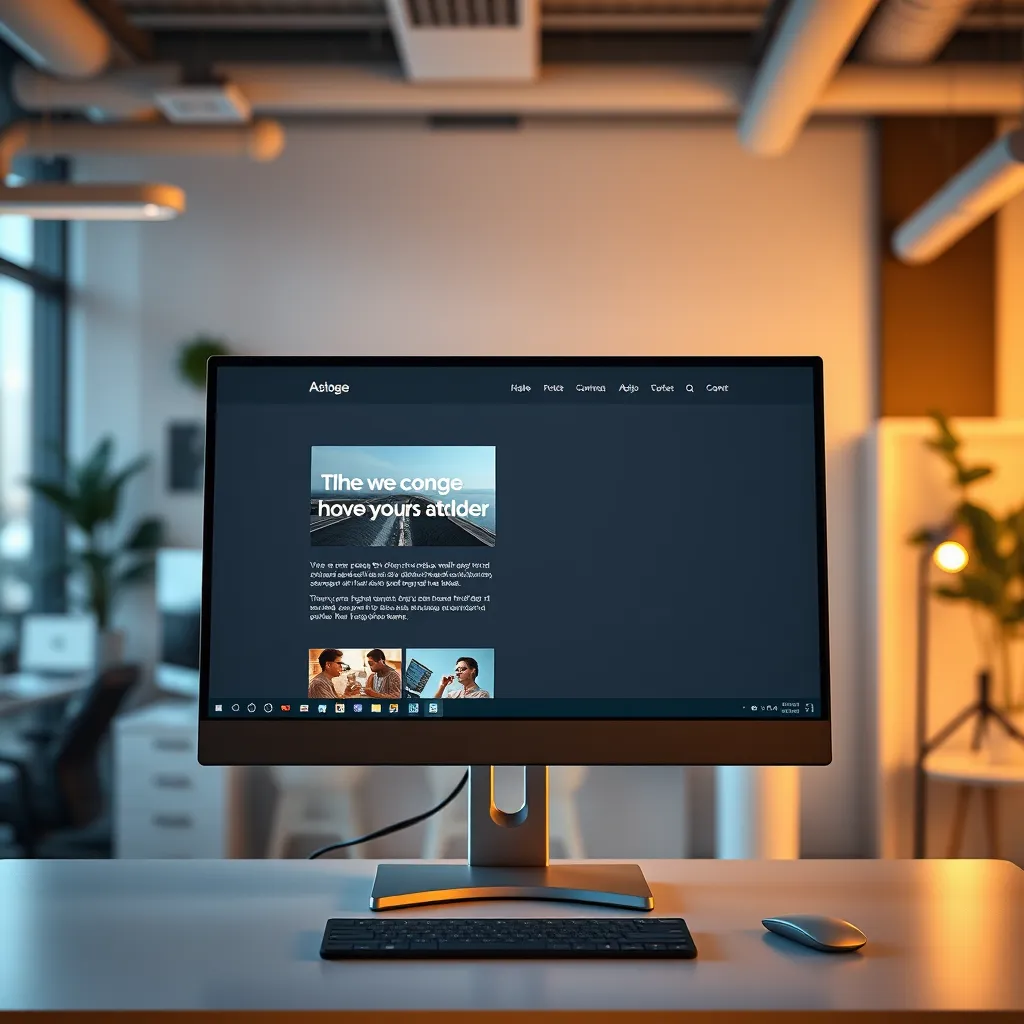 An ultra-realistic depiction of a computer screen displaying a website under development. The screen showcases a content block with a captivating image and a compelling, AI-generated text. The background is a modern office with soft lighting, showcasing a variety of design elements and technology. The image emphasizes the seamless integration of AI into the website building process. Use a calm and inviting color palette of warm neutrals and subtle accents. The image should exude a sense of confidence and efficiency. Render in 8K resolution with sharp details and a focus on the text and image elements.