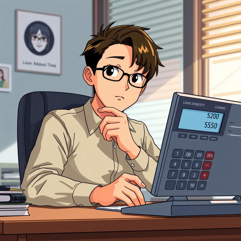 A person sitting at a desk, looking thoughtfully at a finance calculator display. The screen shows a detailed loan breakdown, including total interest paid and repayment schedule. The image should portray a sense of confidence and empowerment, emphasizing the importance of financial planning.